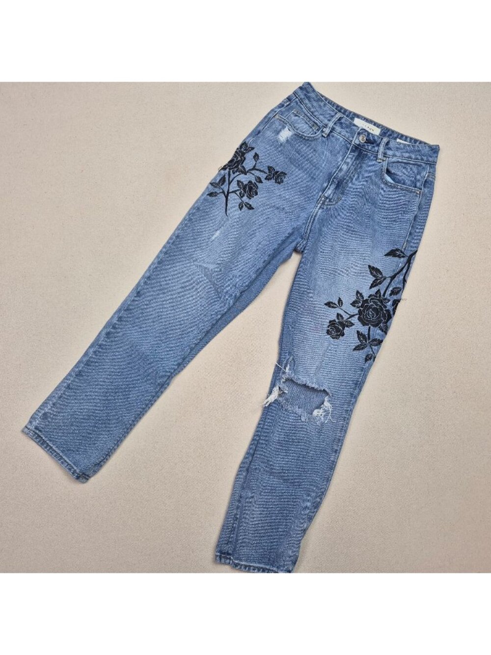 Pacsun Juniors Mom Distressed Embroidered Y2K Blue Jeans 25/25 West Coast VTG